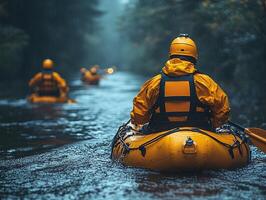 Rescuers in inflatable boats navigate a river in foggy forest during a search photo