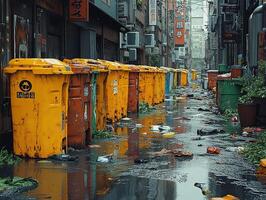 Overflowing trash bins in flooded alley, city backdrop photo