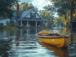 Kayak rescue near flooded house in suburban neighborhood after disaster photo