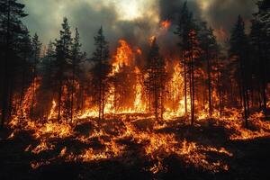 Forest fire engulfing pine trees under dark smoky sky photo