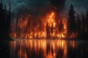Forest fire reflected in lake at night, smoke fills sky photo