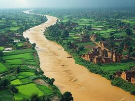 River flowing through rural farmland, boats navigate, distant villages, aerial view photo