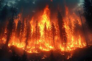 Intense wildfire engulfing forest under stormy sky photo