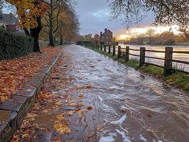 Flooded riverbank path at sunrise with autumn leaves photo