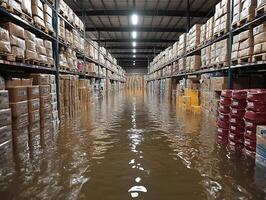 Flooded warehouse interior with stacked boxes and murky water photo