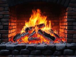 Logs burning in brick fireplace, creating cozy ambiance photo