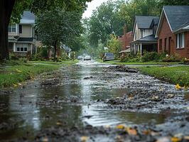 Muddy street flood in suburban neighborhood after rain photo