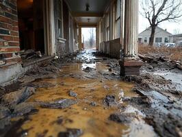 Mud-filled porch of abandoned house after flood, debris scattered photo