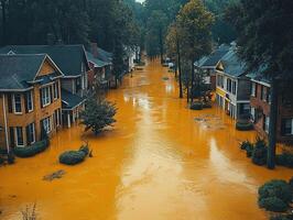 Flooded Suburban Street Houses inundated by orange floodwaters, trees in background. Disaster documentation photo