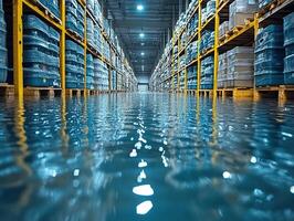 Flooded warehouse aisle with stacked goods on shelves photo
