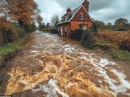 Flooded rural road by house, autumn trees, cloudy sky photo