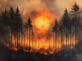 Forest fire burning at sunset with smoke filled sky photo