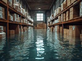 Flooded warehouse interior with stored boxes and window light photo