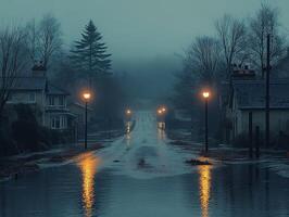 Flooded village road at dusk, streetlights reflecting in water, misty background photo