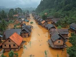 Flooded village in mountain valley, homes submerged in muddy water photo