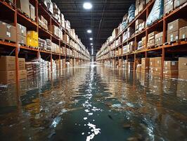 Flooded warehouse aisle with stocked shelves, reflecting in water photo
