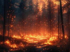 Forest fire burning intensely at night, embers rising photo