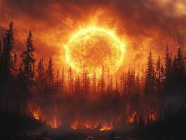 Forest fire burning intensely under blazing apocalyptic sky photo