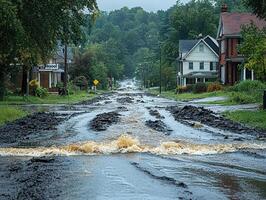 Flooded residential street with mud and debris after heavy rain photo