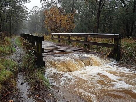 Floodwaters over wooden bridge in forest during autumn rain photo