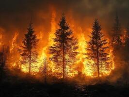 Forest fire engulfing pine trees at night, smoke filling the sky photo