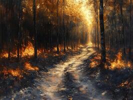 Forest path amidst burning undergrowth, sunlight filtering through trees photo