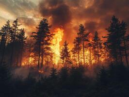 Forest fire engulfing trees at sunset, smoke rising photo