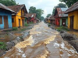 Floodwaters surge through colorful village street after heavy rain photo