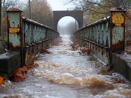 Floodwaters rush over old metal bridge towards arched gateway in autumn fog photo