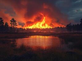 Forest fire reflected in swamp water at sunset photo