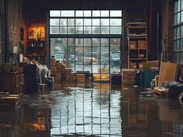 Flooded warehouse interior with boxes, open door, and street view photo