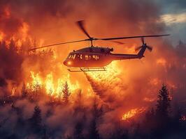 Helicopter dropping water on wildfire in burning forest photo
