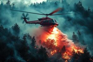 Helicopter dropping water on wildfire in forest, smoke filled sky photo
