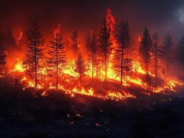 Night forest fire with intense flames and smoke under moon photo