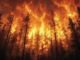Forest fire engulfing trees, smoke-filled sky, climate change photo
