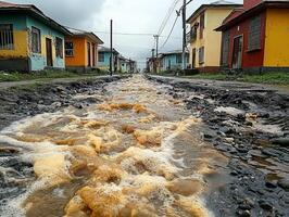 Muddy floodwater flows down residential street after heavy rain photo