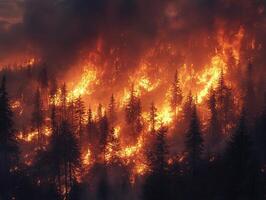 Forest fire engulfing mountain trees under dark smoke photo