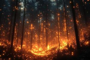 Glowing fireflies illuminating dark forest at night photo