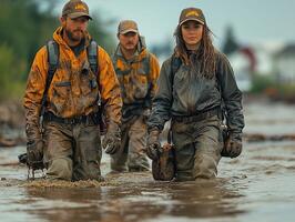 Muddy researchers wade through Alaskan river, village in background photo