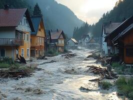 Mountain village flooded after heavy rain, debris flows through streets photo