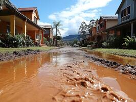 Muddy street flood in suburban neighborhood with mountain view photo