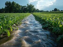 Irrigation canal flooding crops in a sunny field photo