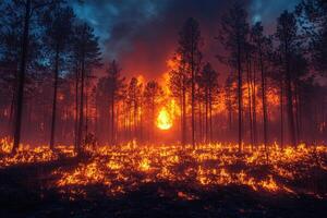 Forest fire burning intensely at night, flames engulfing trees photo