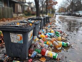Overflowing trash bins on residential street after rain photo