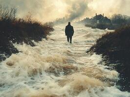 Man walks through flooded road towards distant house under dark, smoky sky photo