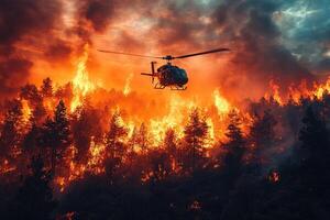 Helicopter battles raging wildfire in burning forest under dramatic sky photo