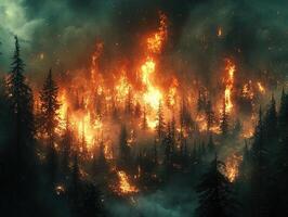 Intense wildfire engulfing a coniferous forest under a dark, smoky sky photo