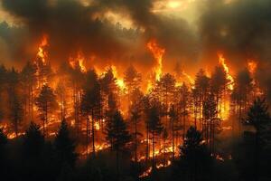 Intense wildfire engulfing a pine forest under a smoky sky photo