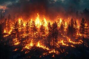 Forest fire engulfing trees under dark sky photo