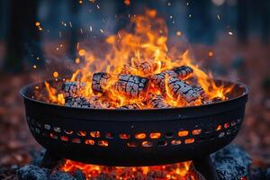 Burning wood in fire pit, forest background, autumn evening ambiance photo